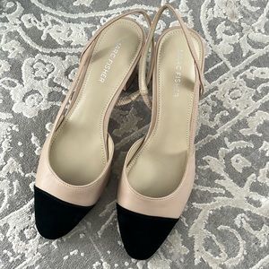 Marc Fisher Laynie Slingback Natural Nude and Black Suede Leather Cap Toe Pumps